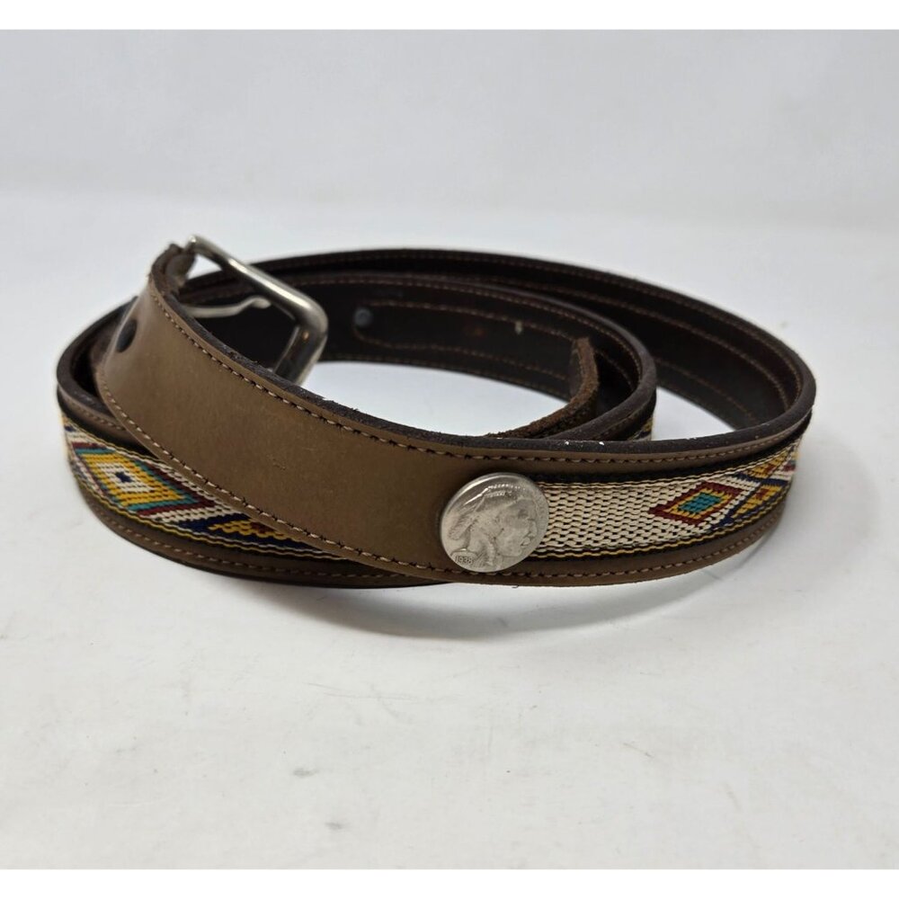 Vintage 46" Brown Leather Belt With Woven‎ Southwestern Pattern & Silver Coin
